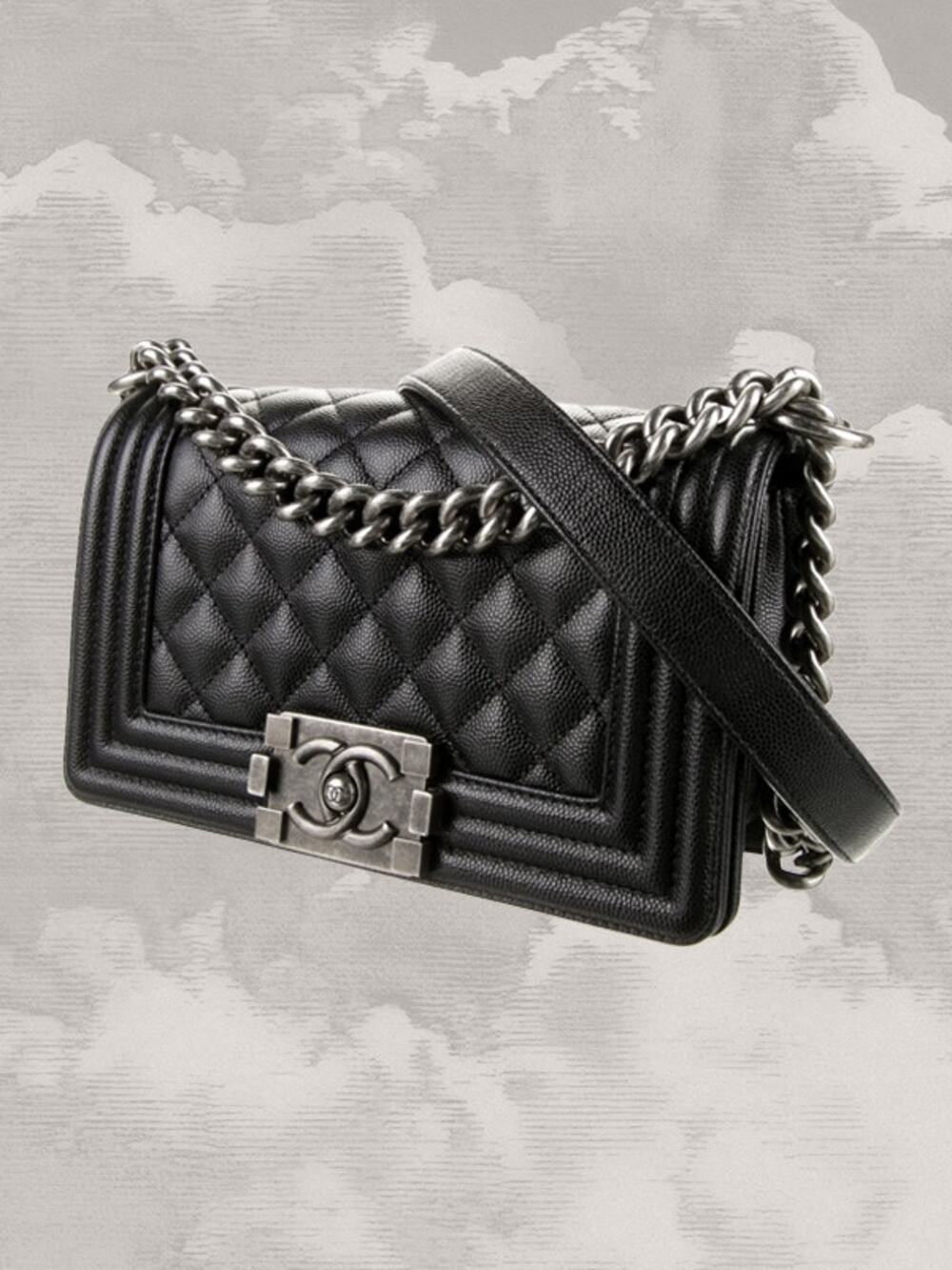 CHANEL Full Set Small Boy Caviar Bag Silver Black Karl Lagerfeld Crossbody